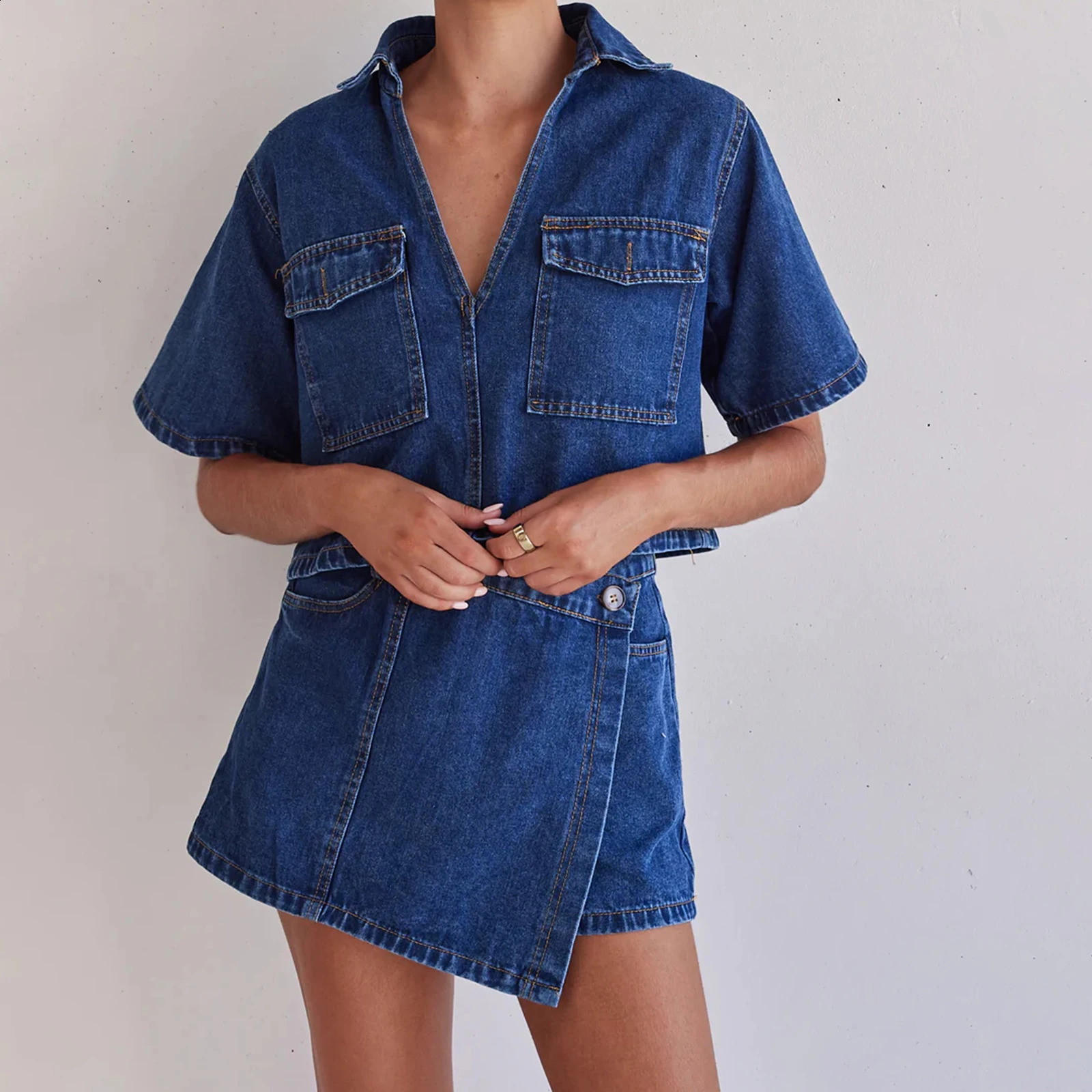 Womens 2 Piece Denim Outfits Y2k Vintage Short Sleeve Lapel Jean Tops and Asymmetrical Shorts Matching Set Streetwear 250614