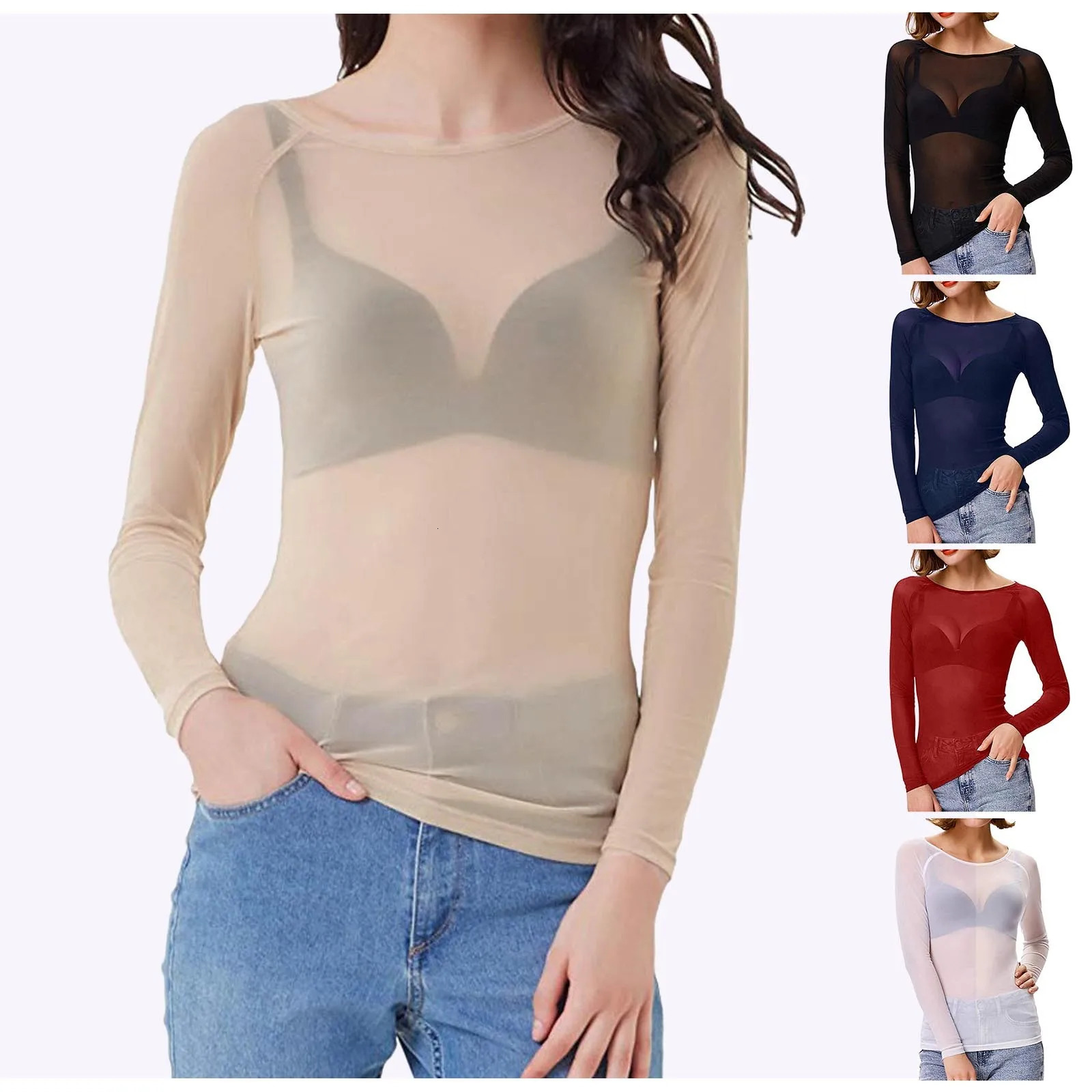 Mesh See Through Womens Shirts Long Sleeve Seamless Top Shirts And Blouses Summer Round Neck Transparent Bottom Shirts Tops 250618