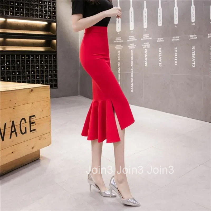 Midi High Waist Tight Skirts for Women with Slit Ruffle Woman Skirt Wrap 2025 Trend Harajuku Y2k Vintage V New in Premium Summer