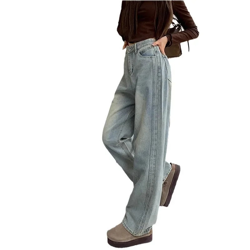 Plus Size Washed Wide Leg American High Street Jeans Womens Spring Autumn Casual Drape Loose Harajuku Straight Leg Pants 250609