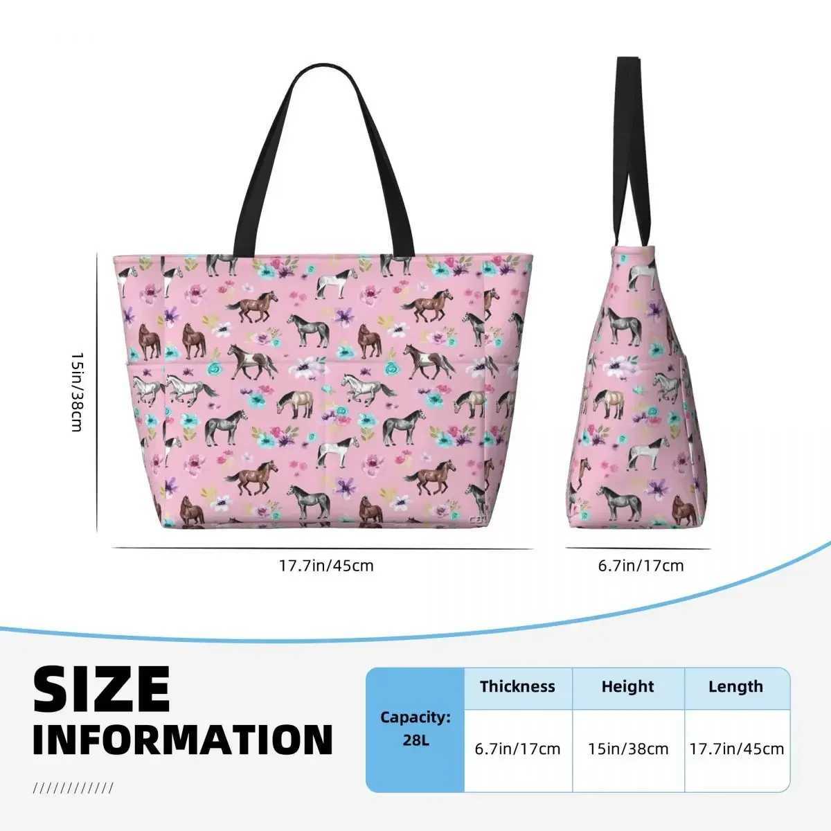Horses And Flowers On Pink Equestrian Art Beach Travel Bag Tote Popular Large Capacity Out Birthday Gift Multi-Style Pattern W250618