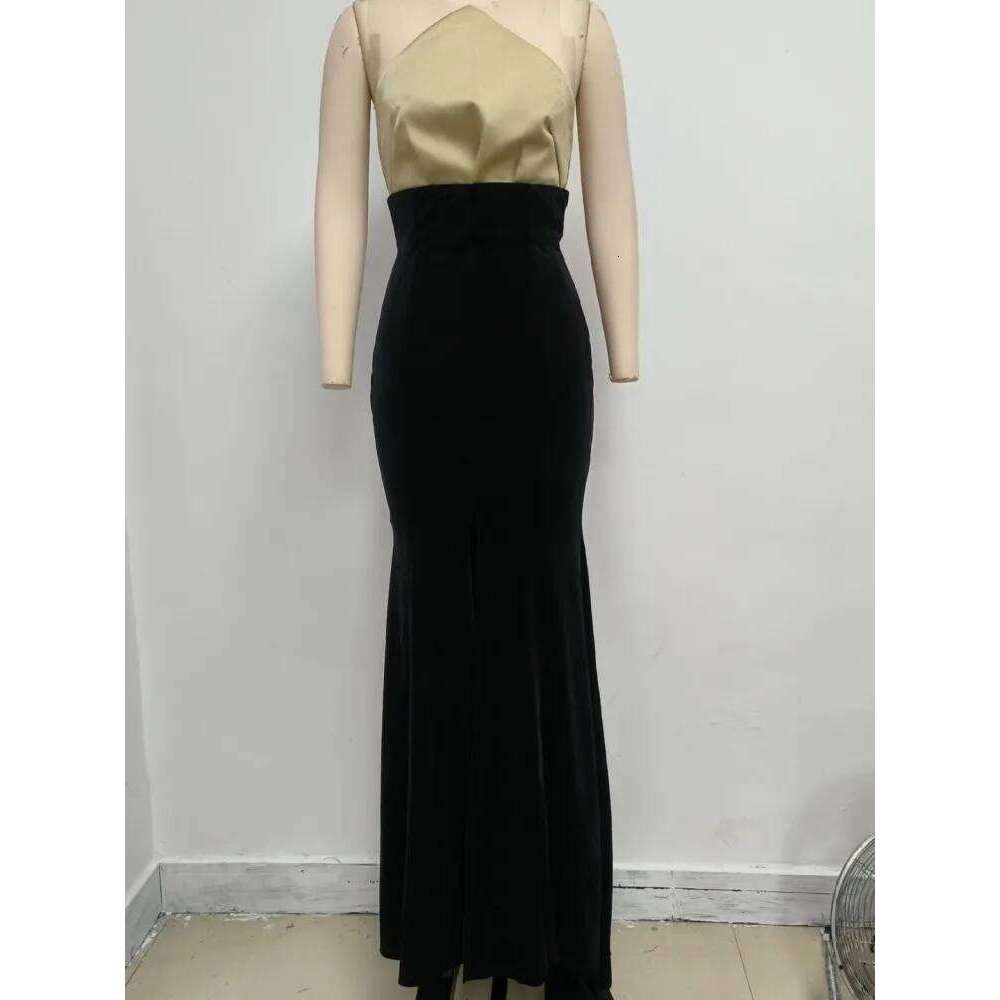 Women Celebrity Sexy Veet Strapless Patchwork Black Maxi Long Fishtail Skirts Elegant Evening Club Party Outfit