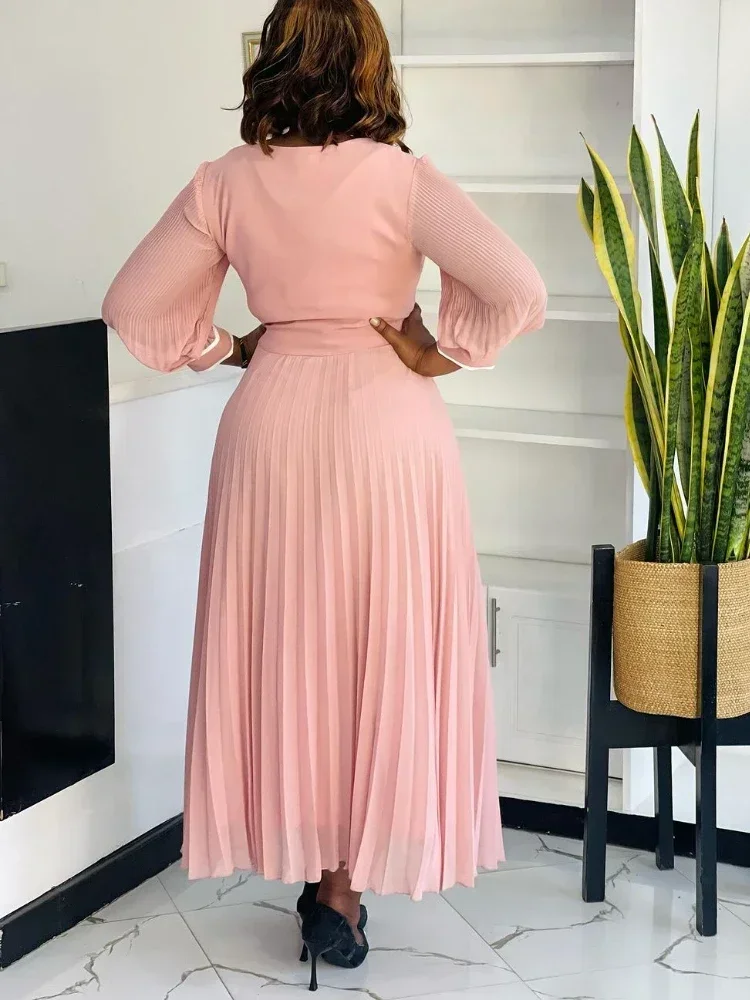 Women's Sweet Pink Long Pleated Dresses Square Neck Buttoms A-line Party Evening Lady Gowns