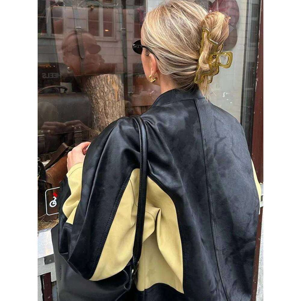 Vintage Contrast Patchwork Women's Leather Jackets O Neck Long Sleeves Zipper Female Motorcycles Coat 2024 Autumn Lady Outwear