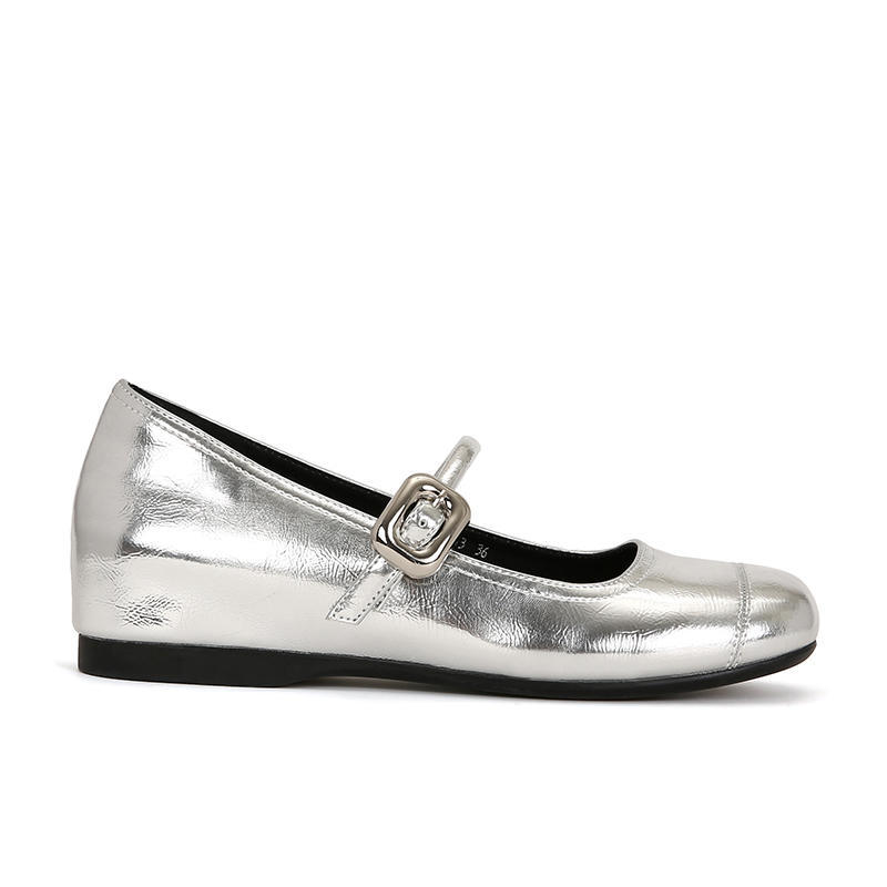 Stylish Fashion Silver Mary Janes for Women Summer New Arrival Round Toe Low Cut Leather Flats Shoes with Hidden Height Soft Cushion Sole Designer