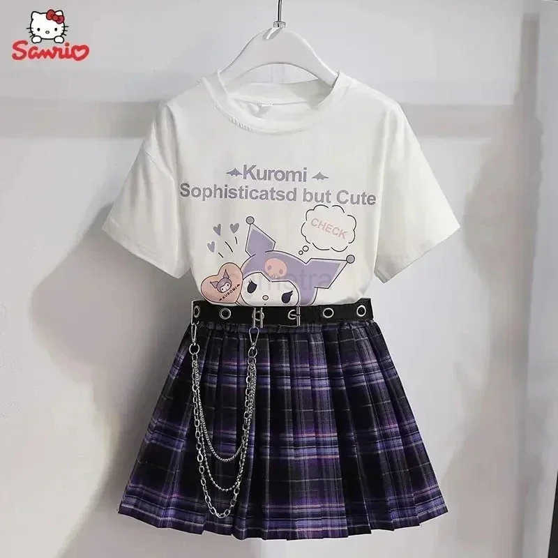 Sanrio Kawaii Kuromi Short Sleeves Skirt Suit Sanrio Anime Child Preppy Style T-shirt Pleated Skirt Student Fashion Trend JK Uniform TwXJ250618