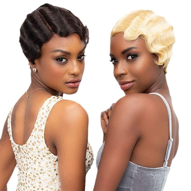Finger Wave Wig Pixie Cut Short Bob Wavy Wig 100% Human Hair Curly Black Colored Cute Wig African Black Wigs for Women Mommy Wig Short Pixie Cut Wigs 