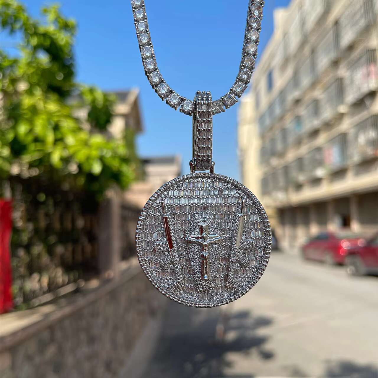 Trendy 24K Jesus Piece God of Protection with Ultimate Weapon Christian Cross Moissanite Pendants Charms