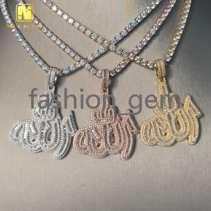GRA Certificate Custom Made Iced Out Baguette Fine Hip Hop Unisex Jewelry Allah Charms 925 Silver VVS Moissanite Diamond Pendant