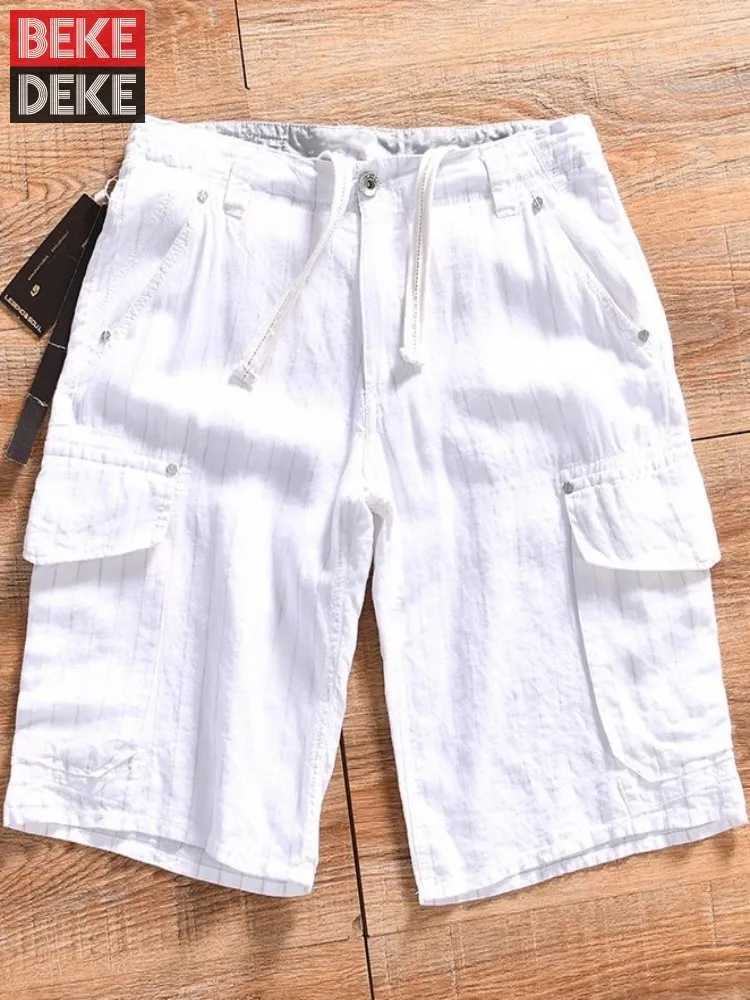 Summer Men Easy Matching Casual Stripe Shorts Multi Pockets Zipper Cool Straight-Leg Comfortable Mid Waist Knee Length Trousers XJ250618