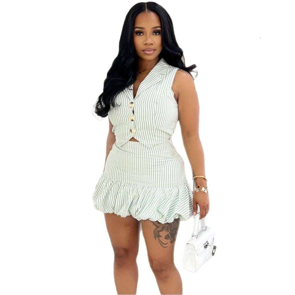 Summer New Women's V-Neck Color-Block Striped Single-Breasted Sleeveless Vest And Bodycon Skirt Set B5