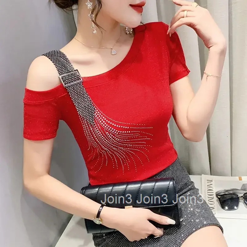 Off Shoulder Female Top Sequin Womens T-shirt Aesthetic Clothing Elegant Polyester Youthful Clothes Korean Streetwear Tee Y2k