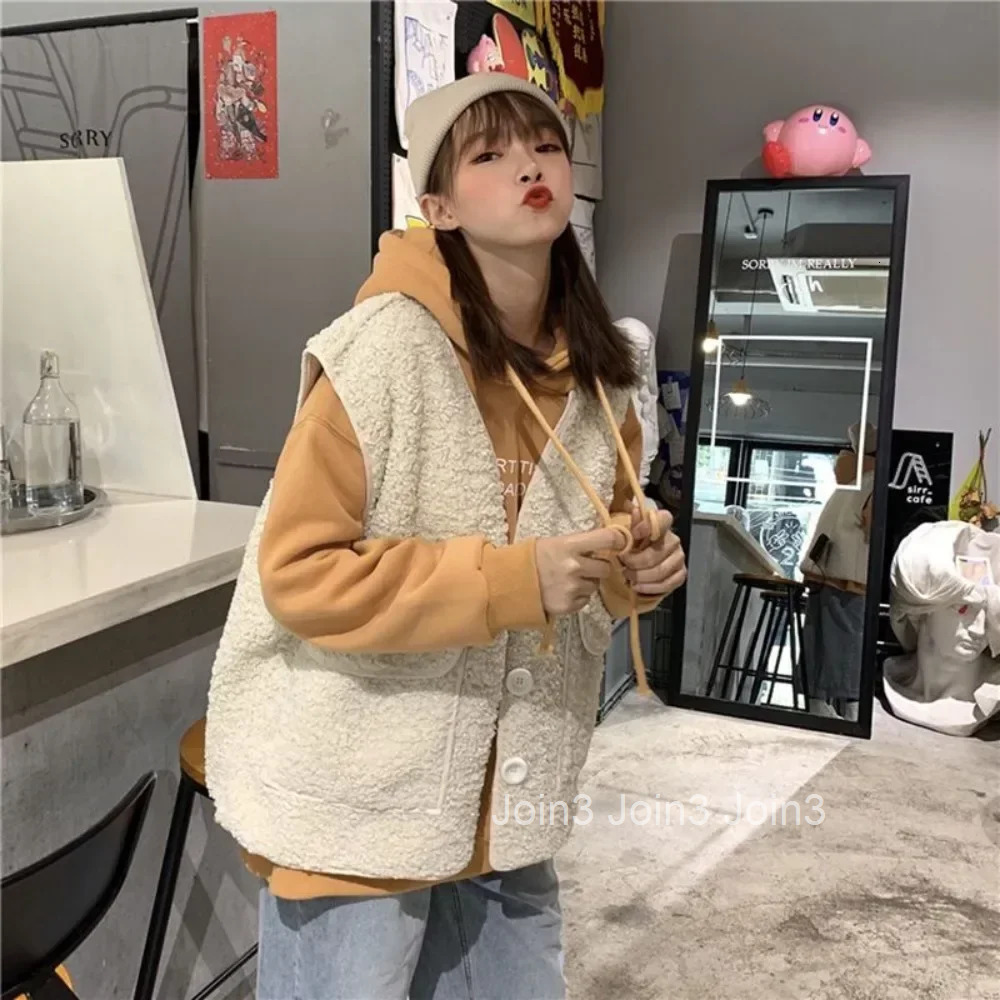 Lamb Plush Solid Color Korean Style Lady Giletes Autumn Warm Cold Clothes Fashion 2025 Womens Vests Coats on Sale Sleeveless