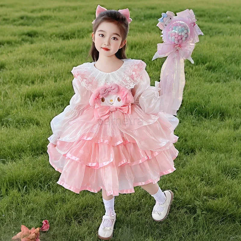 Sanrio Melody Princess Dress Girls Kawai Lolita Skirt Spring Summer Slip Dress Melody Headband Wand Cosplay Costume Birthday Party Kids XJ250618