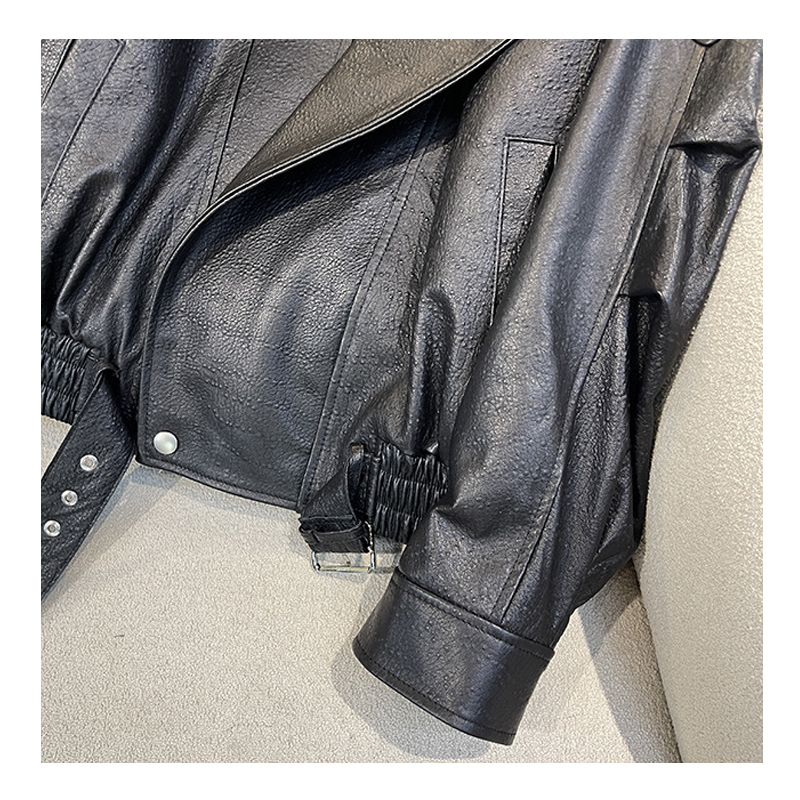 Cross border leather jacket, women's spring and autumn short style motorcycle style PU leather lapel jacket, slim fit leather jacket