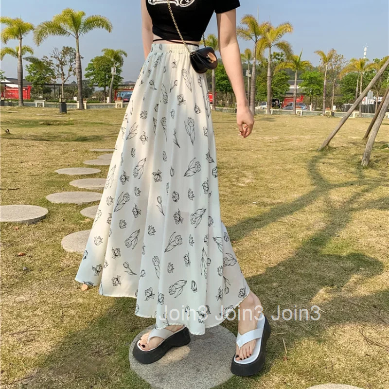 Midi Cute Long Skirts for Woman Chiffon Maxi Floral Womens Skirt Cheap A Line Chic and Elegant Kawaii Trend Casual Y2k Clothes