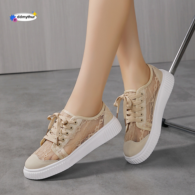 2025 Summer New Trend Lace Mesh Breathable Canvas Shoes Casual Sports White Sneakers ddmythur