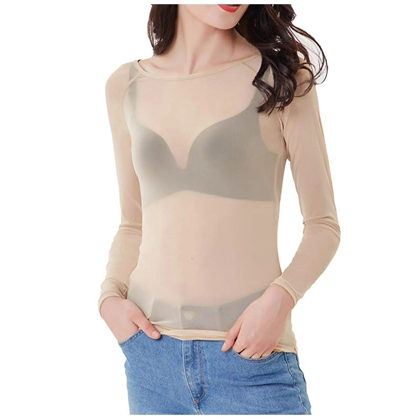 Mesh See Through Womens Shirts Long Sleeve Seamless Top Shirts And Blouses Summer Round Neck Transparent Bottom Shirts Tops 250618