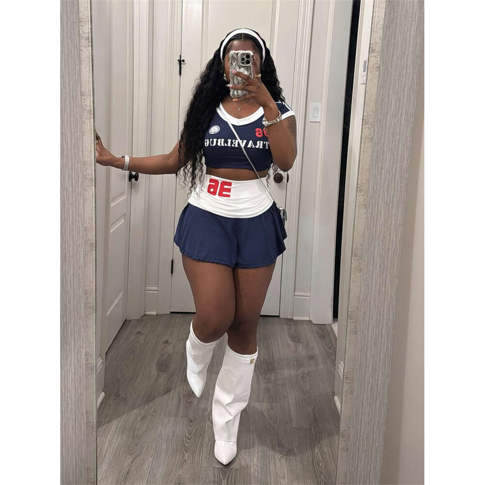 Summer American Style Spicy Girl Short Letter Print Color Block Strap Waist Skirt Set For Women B5