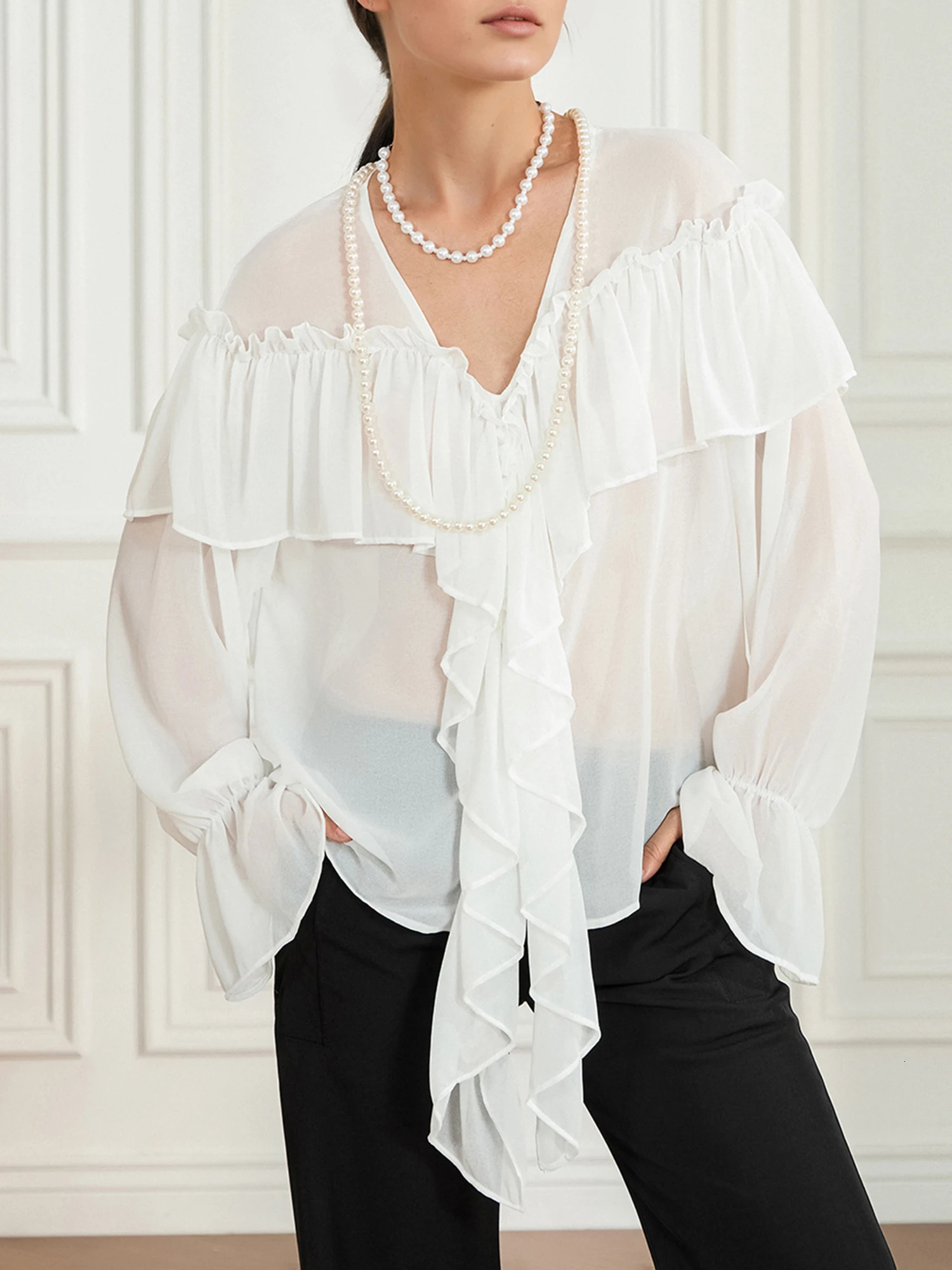 Elegant Womens VNeck Chiffon Blouse with Ruffles Long Sleeve Solid Color Loose Casual Top for Spring Streetwear Fashion 250617