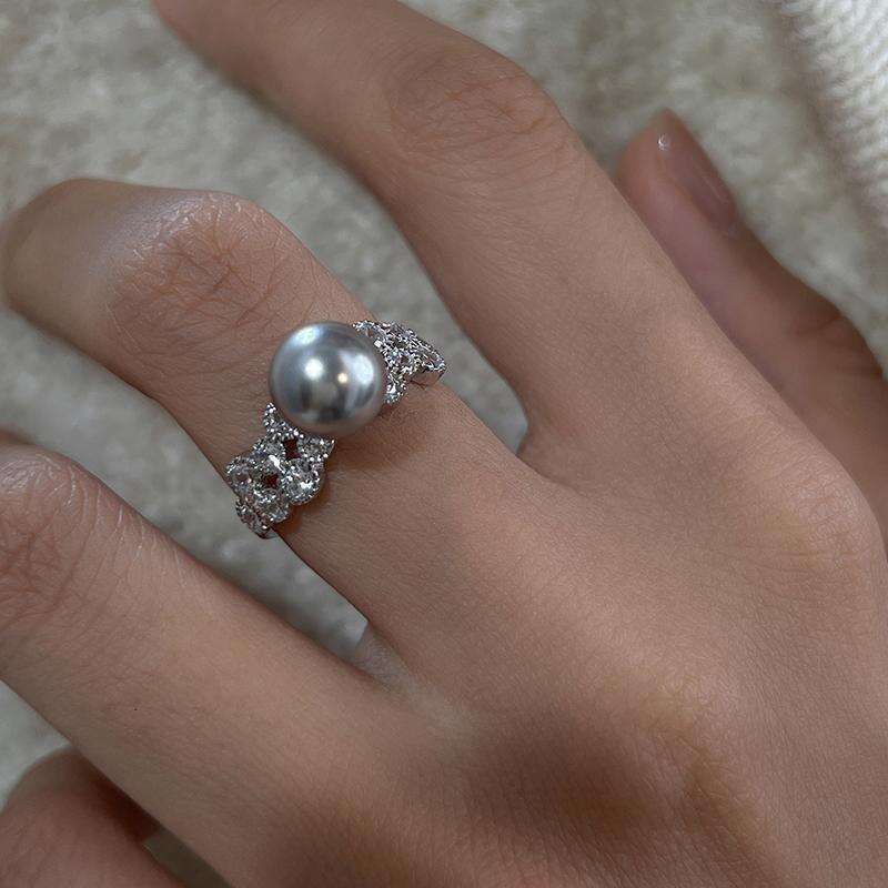 Light Luxury Zircon Pearl Mother-of-Pearl Ring Women, High-End Sense, Adjustable Ring, New Style for Index Finger