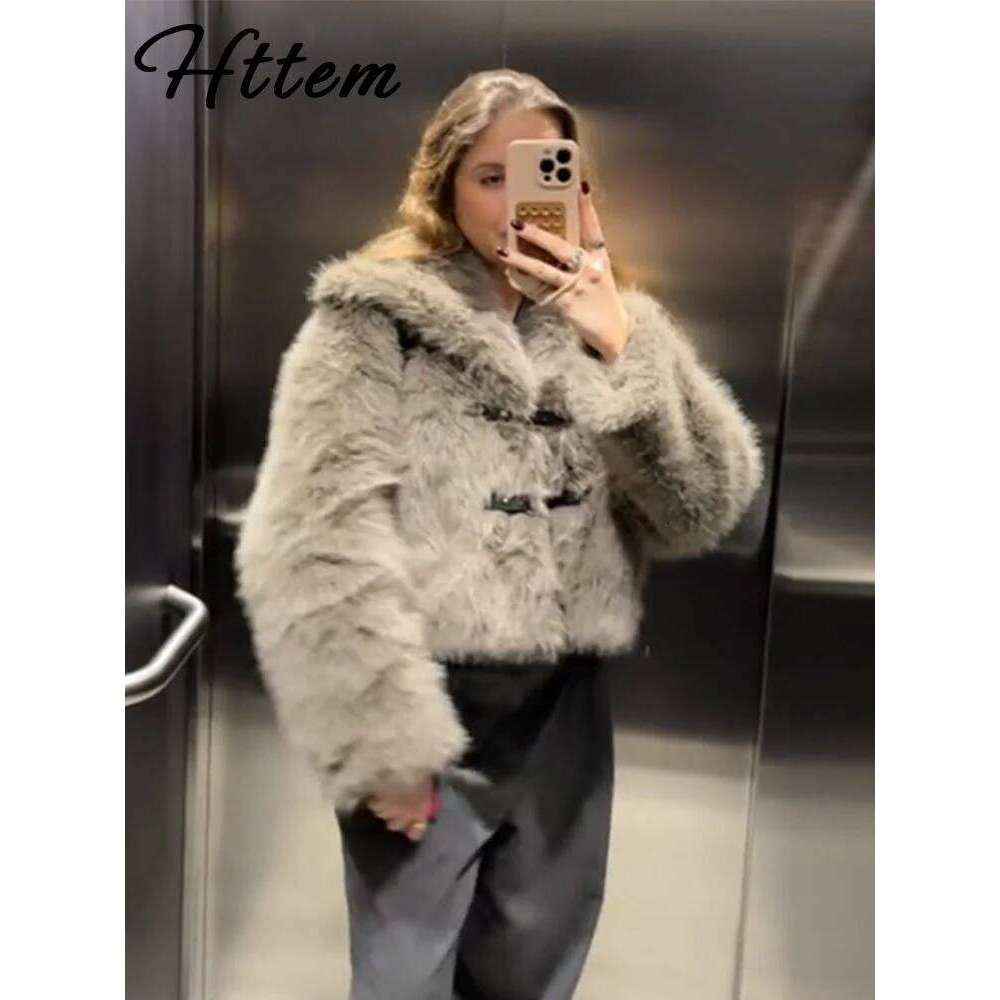 Winter Faux Fur Jacket Women Loose Fluffy Lapel Brown Long Sleeve Warm Jackets 2024 Autumn Thicken Lady Coat