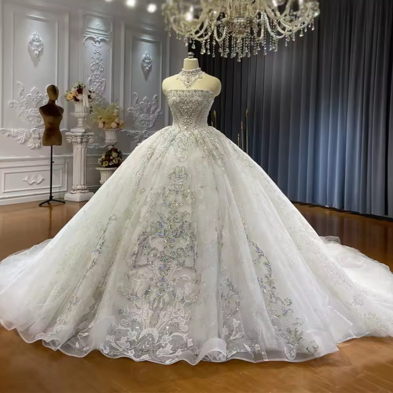 White Sparkly Off Shoulder Wedding Dresses 3D Flowers Lace-up Appliqued Lace Beading Crystal Sequin Princess Vintage Arabic Bridal Gown