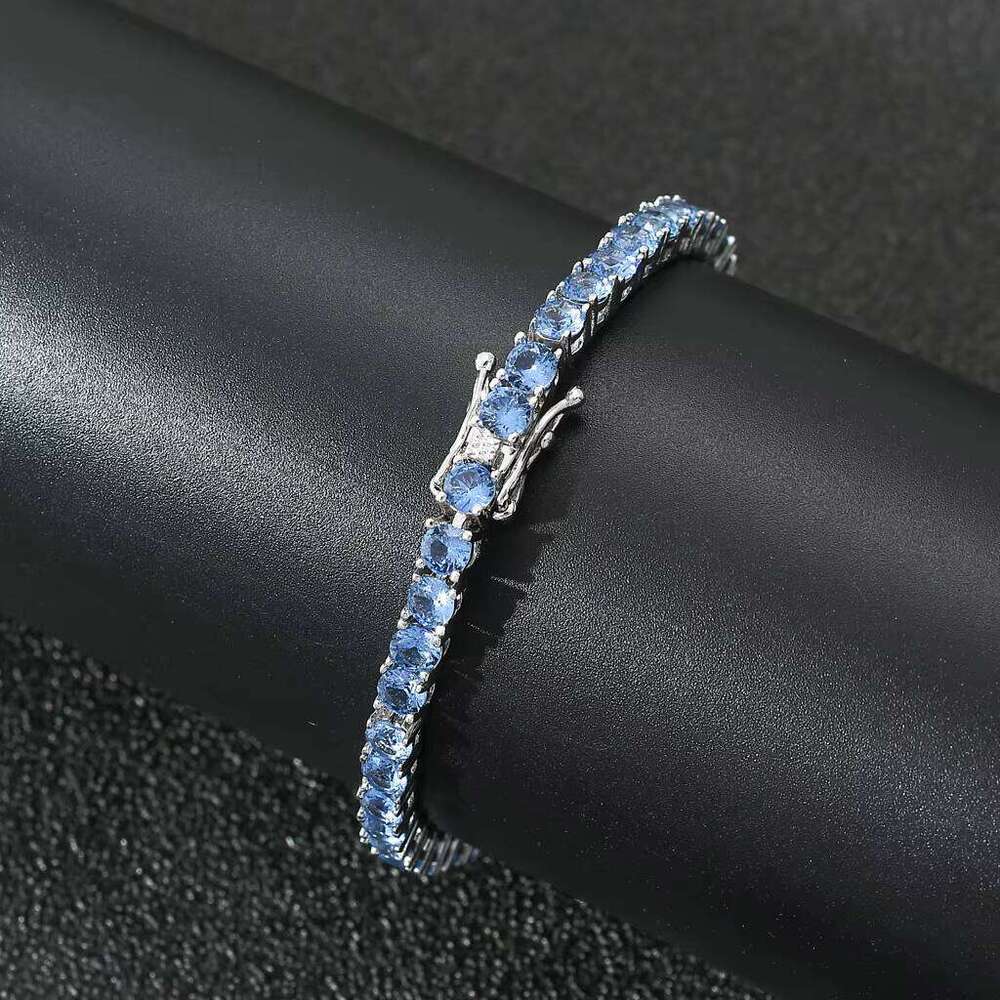 BES Jewelry 4mm Sea Blue Iced Out Tennis Chain White Gold Plated CZ Stone Bracelet with Zircon for Anniversaries