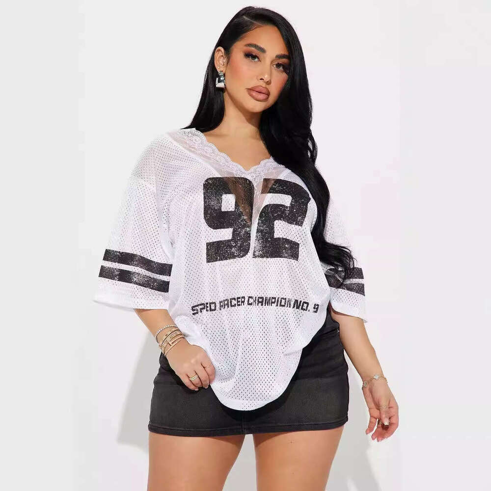 Summer New V-Neck Lace Print Loose Casual Fashion Jersey T-Shirt Versatile Short Sleeve Women B5