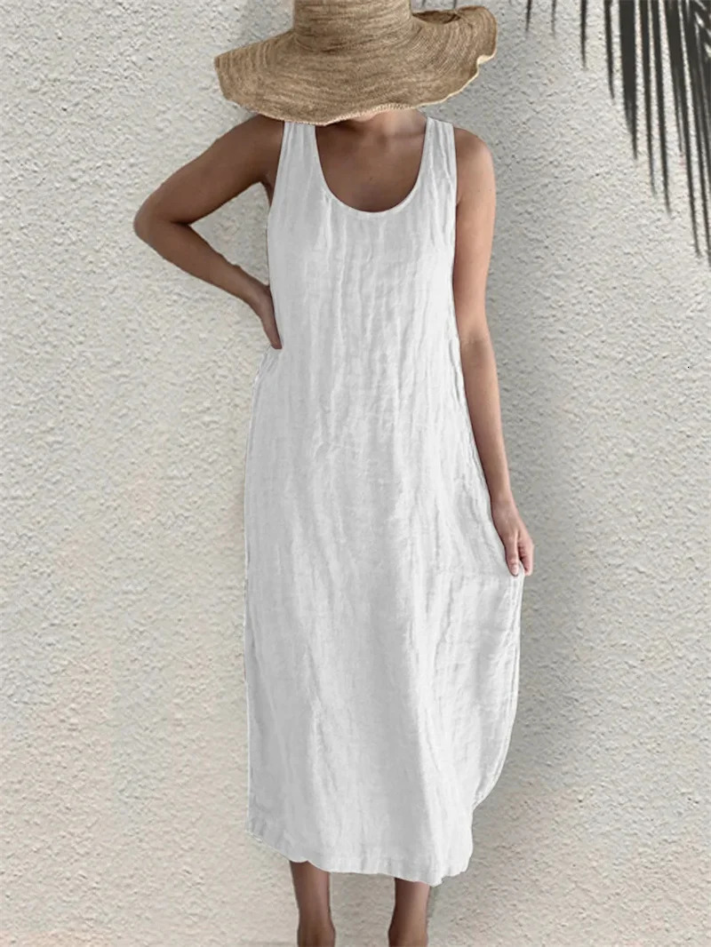Women Comfortable Casual Cotton Linen Dresses Summer Solid Color Side Pockets Dress Female O Neck Pullover Sleeveless Gown 250618