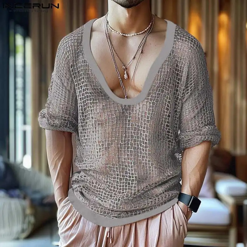 INCERUN Men T Shirts V Neck 3/4 Sleeve Mesh Transparent Sexy Casual Camisetas Streetwear Hollow Out Fashion Men Clothing 250617