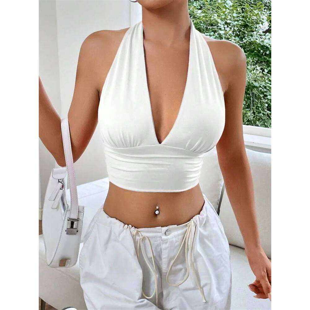 Sleeveless Backless Deep V-Neck Halter Top Women Summer 2024 Club Party Sexy Solid Color Crop Tops Streetwear Y2k Clothes