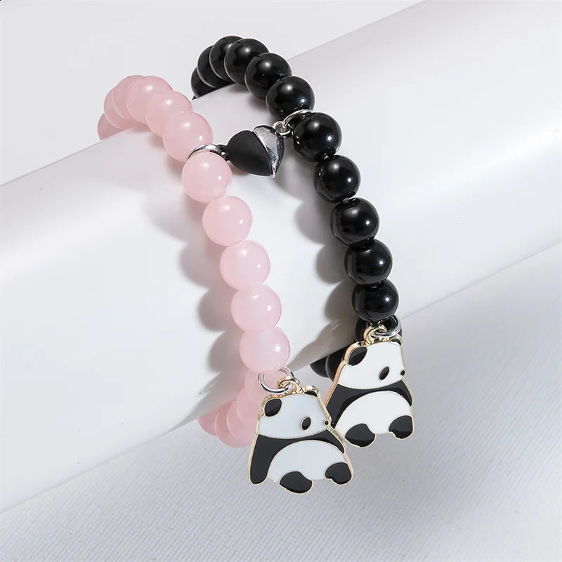 2pcsset Cute Panda Charms Bracelet Black Pink Glass Crystal Beads Set Handmade Hand String Women Summer Fashion Jewelr 250613