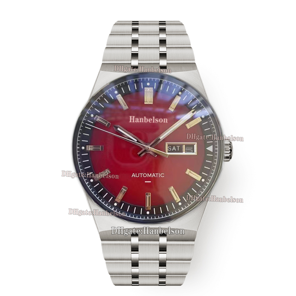 Mens Watches Red Face Automatic movement Glass bottom Black leather strap 41mm Wristwatches Date day Watches Steel Strap Mechanical clock