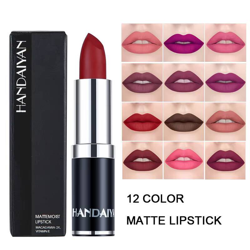 HANDAIYAN 12 Colors Matte Lipstick Long Lasting Velvet Tint Waterproof 24 Hours Red Lip Gloss Cosmetics Make Up happy