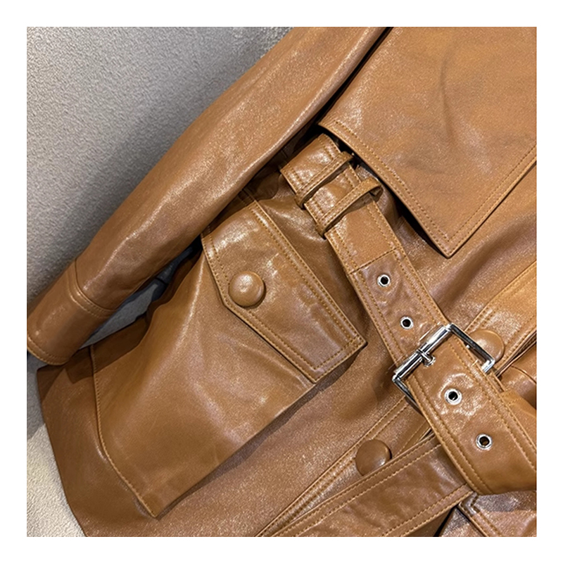 Spring new Hong Kong style locomotive leather windbreaker, genuine leather sheepskin fashionable lace up mid length leather suit top