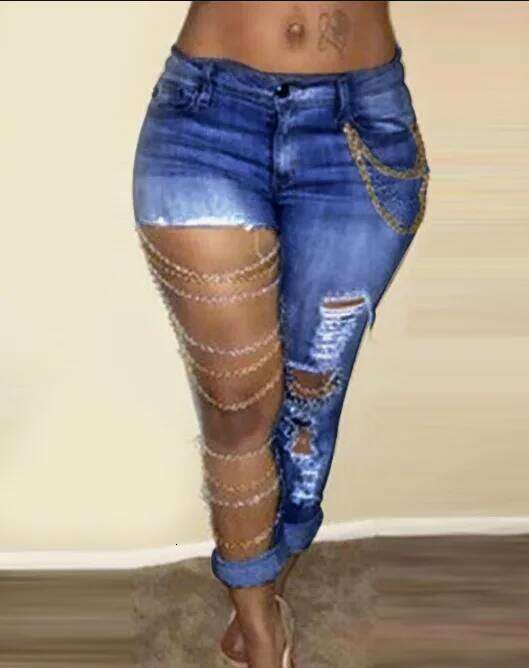 Wear Women Jeans Pencil Pants Denim Sexy Big Holes Chain Washing Slim Pockets Streetwear Spring Slight Strech Solid Color