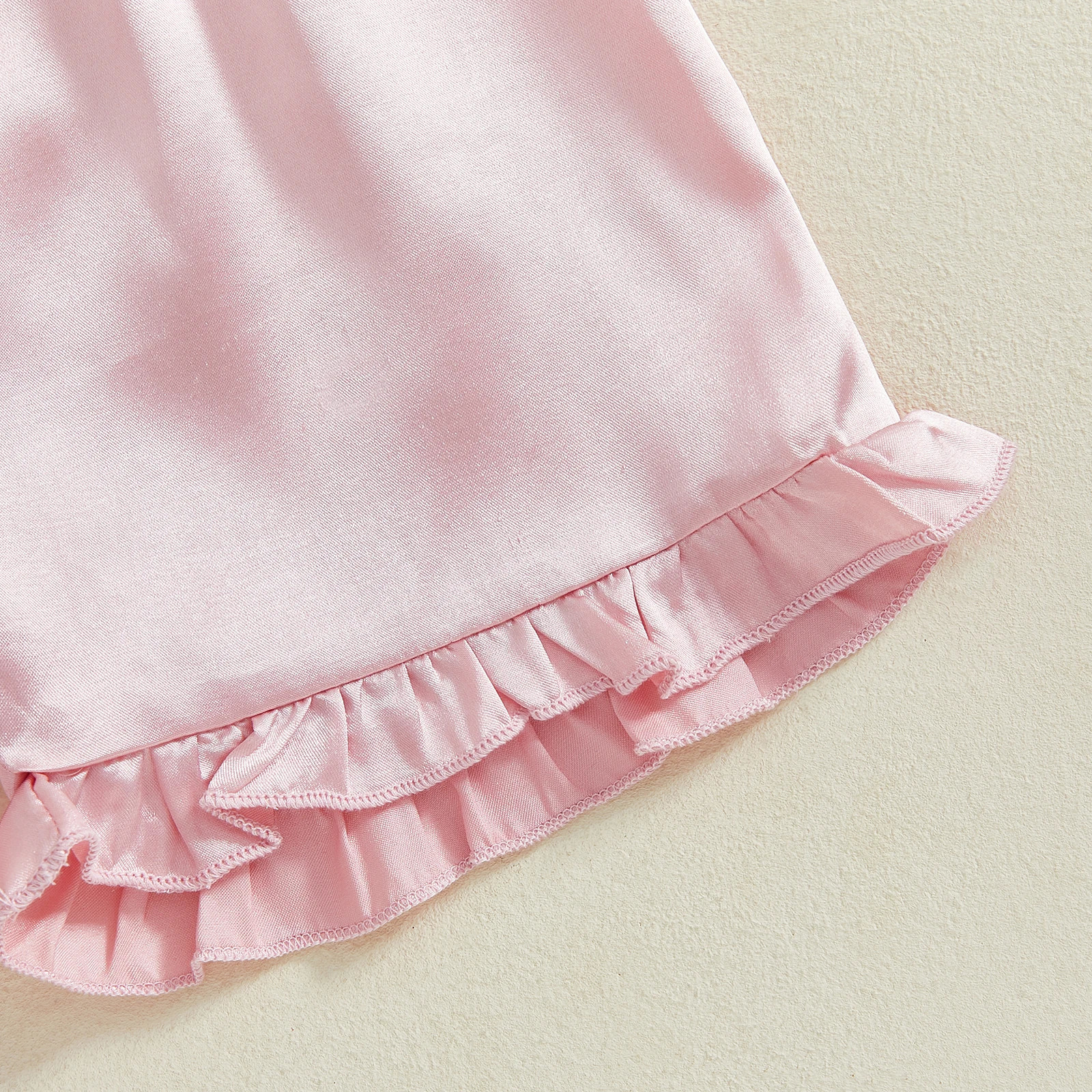 MISOWMNJOY Summer Baby Girls Pajamas Set Satin Silk Solid Color Button Lapel Short Sleeves T-Shirt Ruffled Shorts Kids Sleepwear 250617