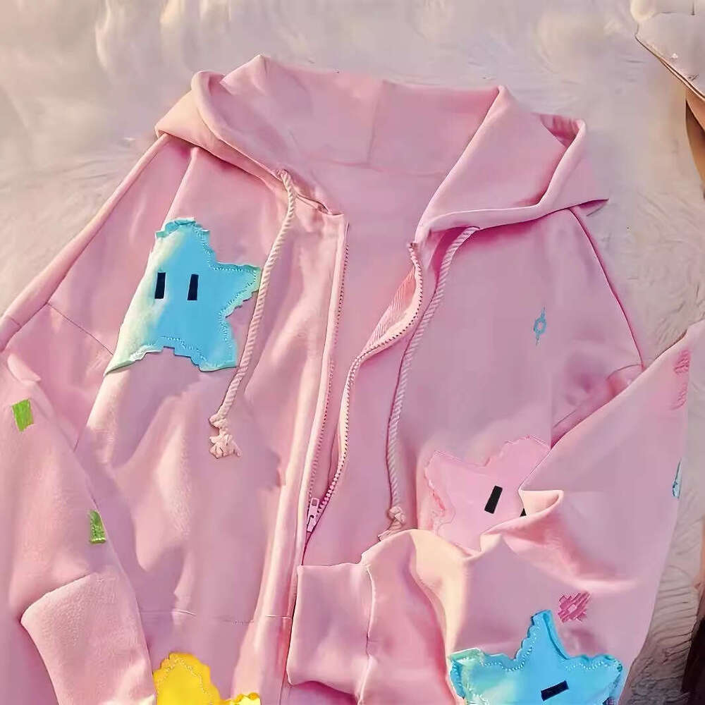 New Star Zipper Pocket Embroidered Cartoon Girl Pullover Hoodie B5