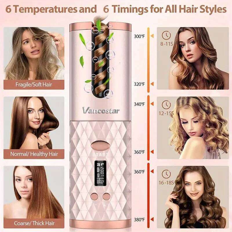 Wireless Electric Portable Travel Home Use Timing 6 Temp. LED Cordless Automatic Hair Curler for Curls or Waves
