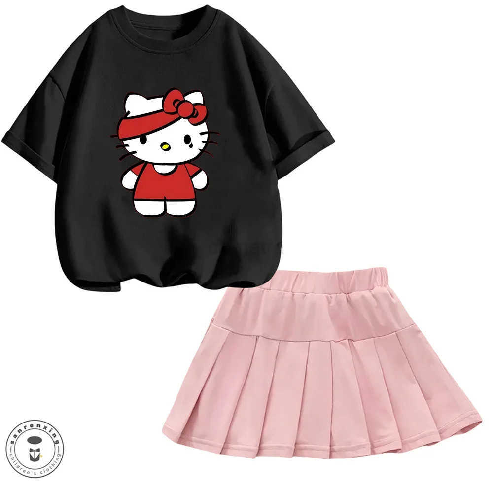 Sanrio Sanrio Hello Kitty Girl Cartoon Cute T-shirt Short Skirt Short Sleeve My Melody Summer Childrens Pleated Skirt Jk SuitXJ250618
