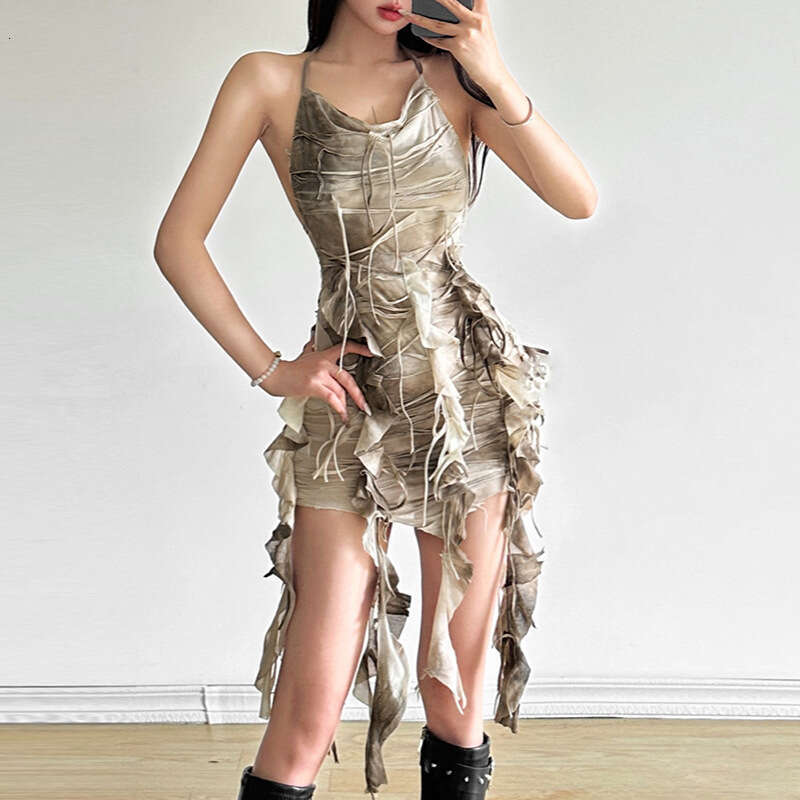 Summer New Women's Solid Color Slim Fit High Waist Fashion Spaghetti Strap Sexy Backless Dress B5