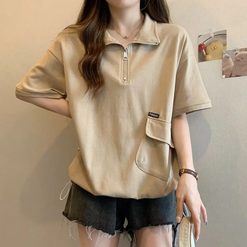 Polo Zipper T Shirts Women Summer Casual Loose Short Sleeve Pullover 2025 Korean Lady Fashion Shirring Black Tops 250617