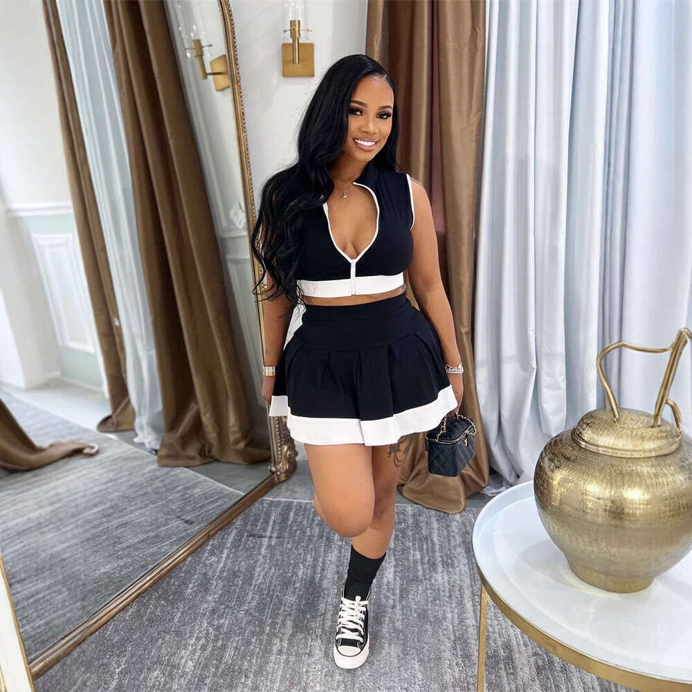 Summer Solid Color Zipper Single Sleeveless Top Waist-Length Casual Short Skirt Set For Women B5