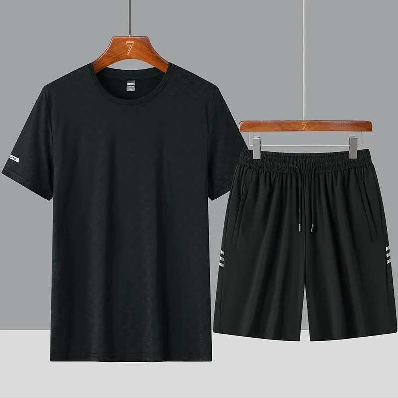 High-quality Ice Silk Breathable Mens Short Sleeve T-shirt With 5-point Shorts Set Comfortable Cool Outdoor Sports Set 250617