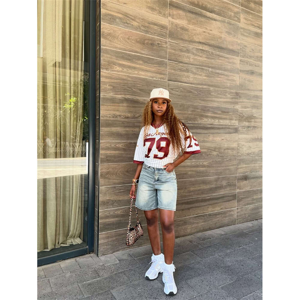 New Casual Fashion Loose Street Print Trendy V-Neck Short Sleeve Top Sports Style Striped T-Shirt B5