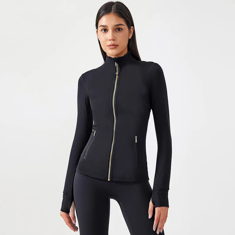 Stretch Gold Zipper Yoga Jacket Stand Up Collar Yogo Clothes Long-Sleeve Thumb Hole Training Running Sweateshirt Women Slim Fitness Coat Sports Outfit