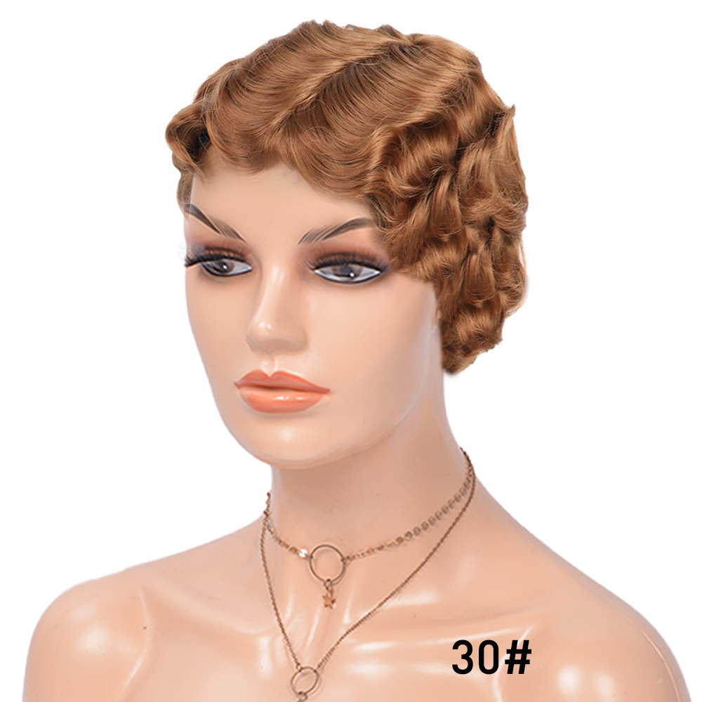Finger Wave Wig Pixie Cut Short Bob Wavy Wig 100% Human Hair Curly Black Colored Cute Wig African Black Wigs for Women Mommy Wig Short Pixie Cut Wigs 
