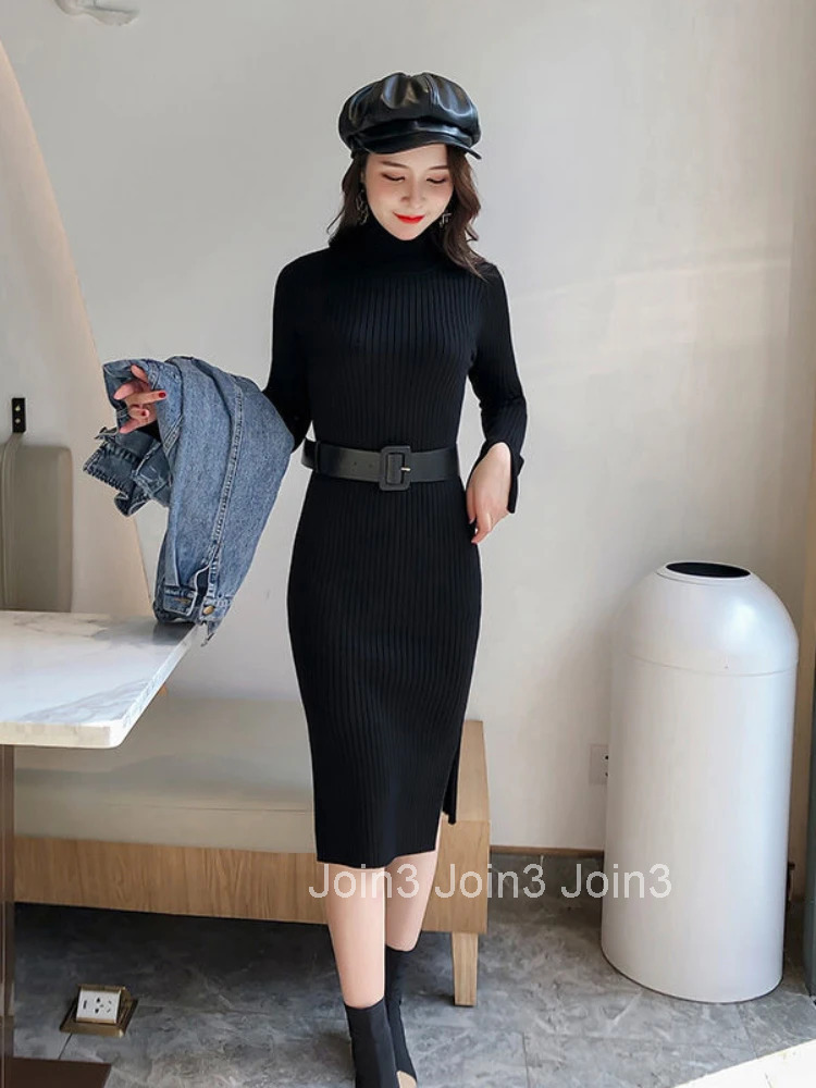Womens Dresses Crochet Knee Length Brown Knit Clothing Cover Up Solid Turtleneck Bodycon Midi Female Dress M Autumn and Winter