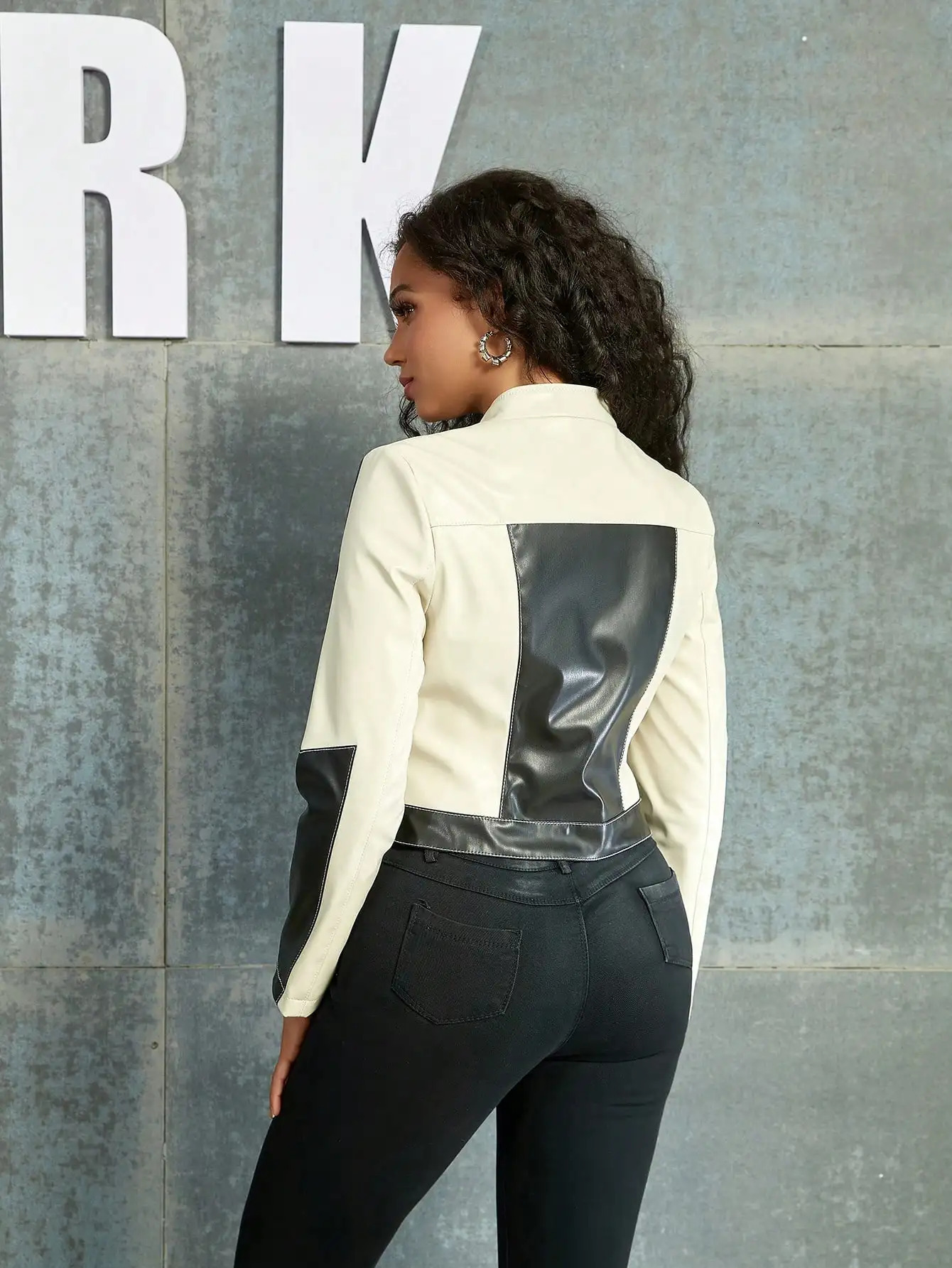Women Fashion Chic Vintage Contrast Color Block Zipper Front Buckle Detail Crop PU Leather Moto Fall Jacket 250613